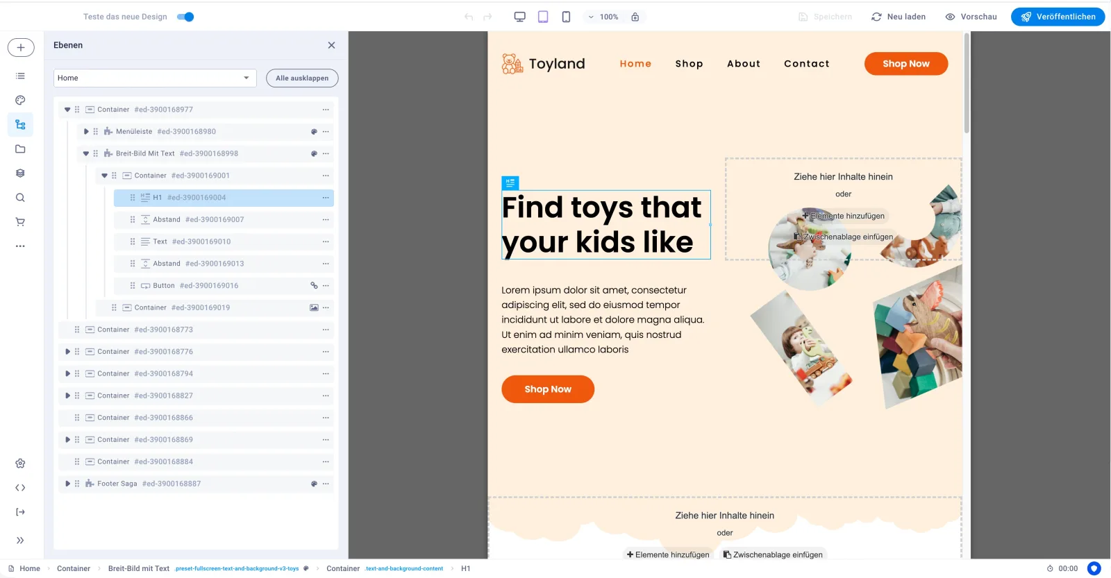 Sitejet Builder: Tablet-Ansicht mit Ebenenübersicht