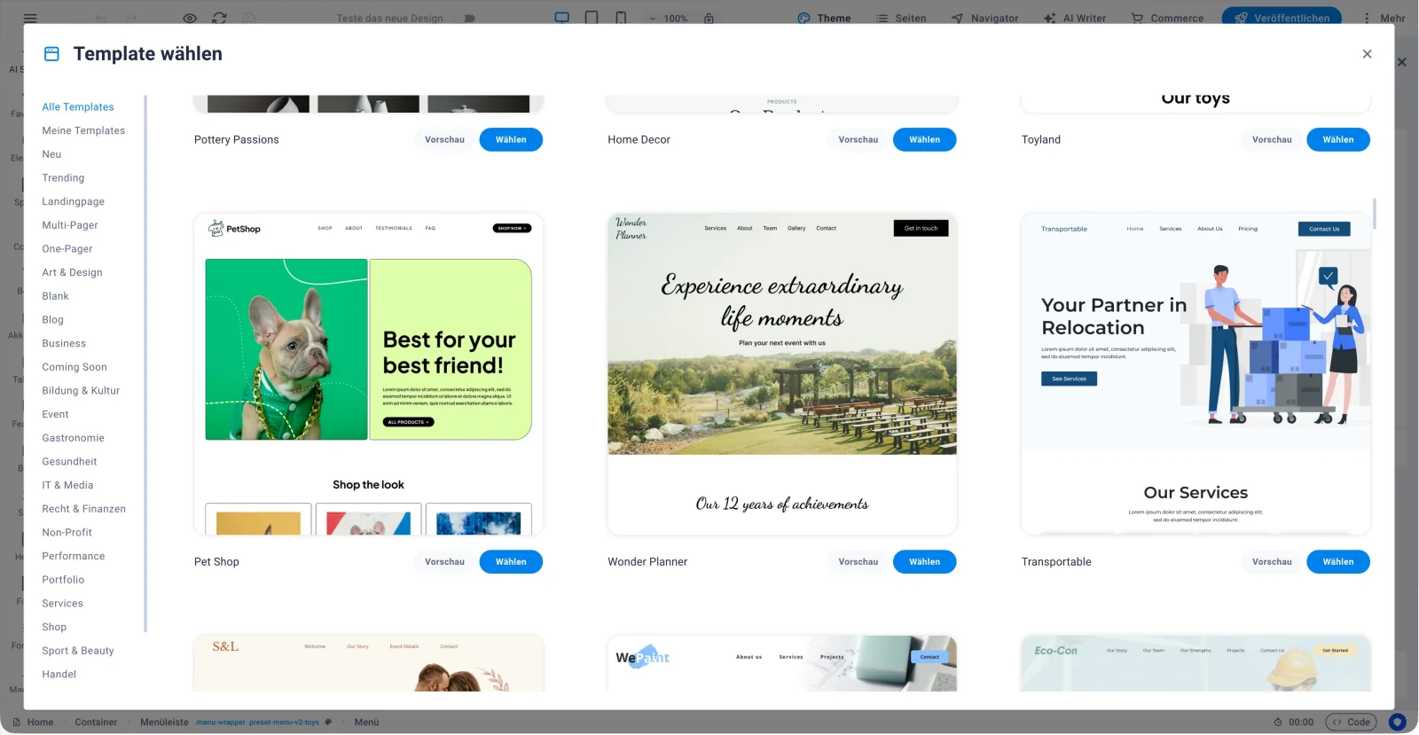 Sitejet Builder: Template wählen, sortiert nach Branchen und Seitentypen